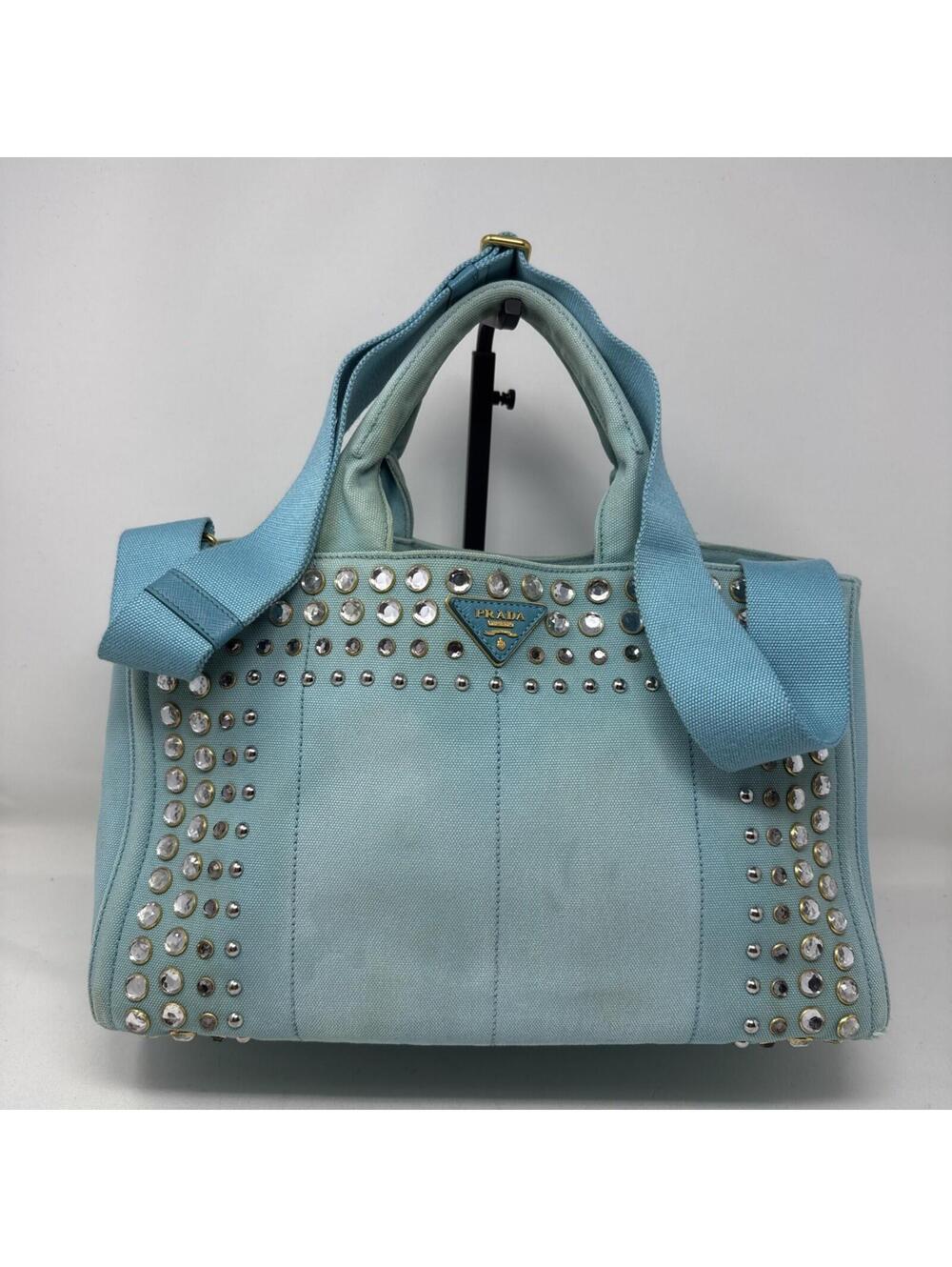 PRADA Canapa 2-Way Tote Shoulder Bag With Crystals And Stud, In Blue